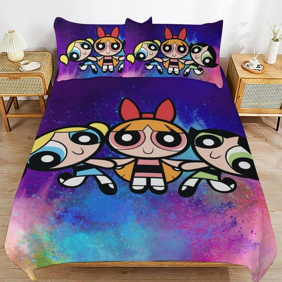 The Powerpuff Girls 3 Pieces Bedding Set 3D Printed Lightweight Bed Quilt Set Comforter Cover Set for Girls Kids Teens, 1 Quilt Cover 2 Pillowcases 86"x70"