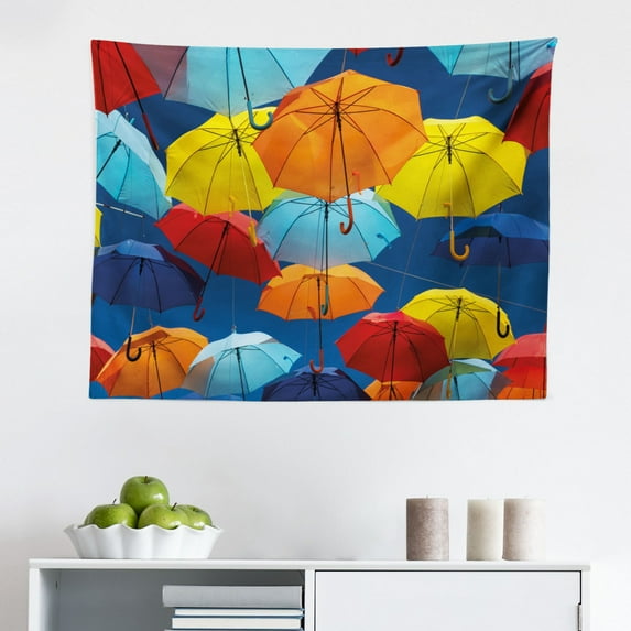 Colorful Tapestry, Parasols on Foreground of Dark Cumulus Rain Clouds Windy Stormy Day Shield Image, Fabric Wall Hanging Decor for Bedroom Living Room Dorm, 2 Sizes, Multicolor, by Ambesonne