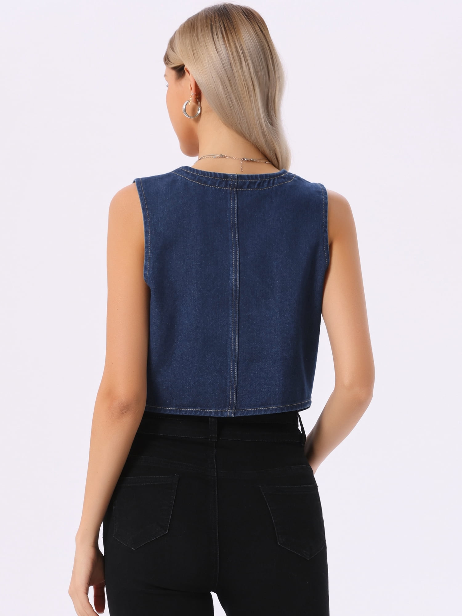 DARING DIVA Women's Denim Vest Sleeveless Button Down Cropped Waistcoat S Dark Blue