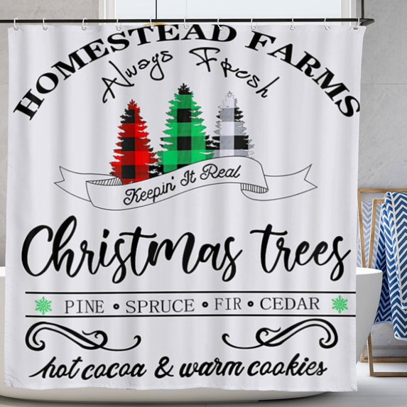Christmas Shower Curtain Set Buffalo Plaid Shower Curtain Merry Xmas Vintage Christmas Tree Shower Curtain with Hooks 72"x72"
