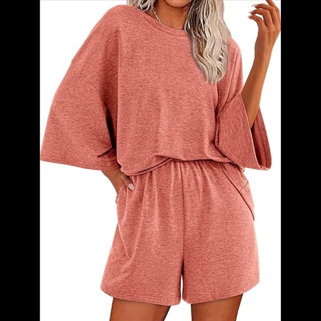 Conjuntos de Pijama para Mujer, Blusas Extragrandes de 3/4 y Pantalones Cortos con Cintura Elástica, Conjuntos de Estar por Casa. Rosa M