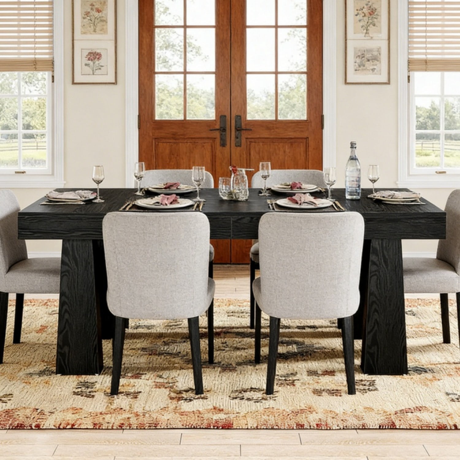 Black Dining Table, 63 in W x 31.5 in D, MDF Top, Seats 4-6, Industrial Style