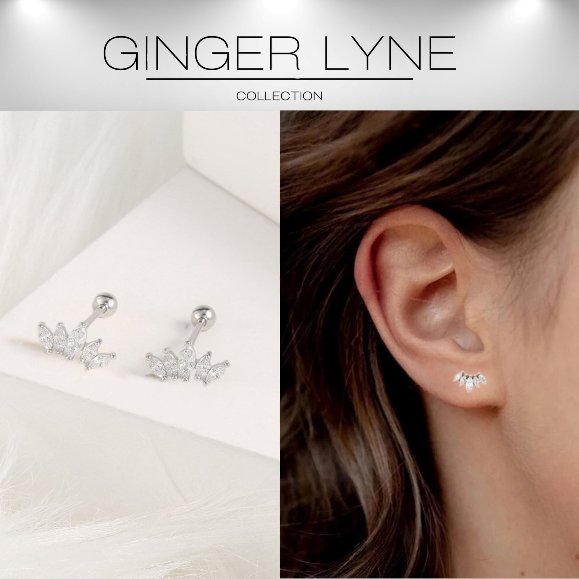 Marquise CZ Flat Back Earrings for Cartilage Helix Tragus Lobe 18g 6mm Post Sterling Silver 1 pair by Ginger Lyne
