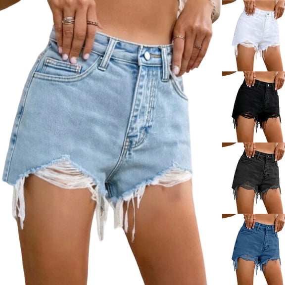 Favoffer Women Denim Shorts High Waist Button Fly Distressed Jeans Shorts Classic Summer Casual Pants with Front Pockets