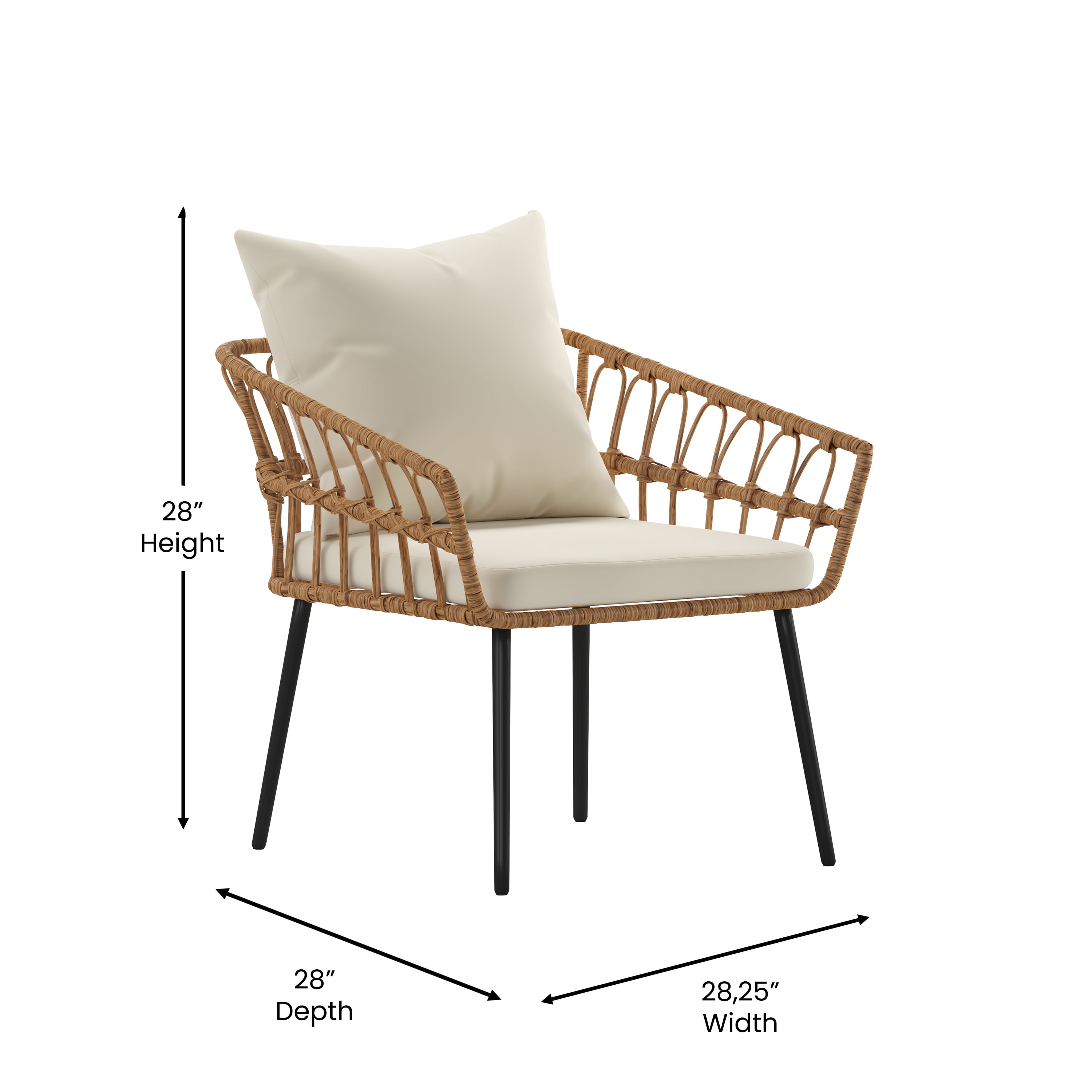 Flash Furniture Evin Boho 4 Piece Indoor/Outdoor Rope Rattan Patio Conversation Set with Tempered Glass Top Coffee Table and Cream Cushions, Natural