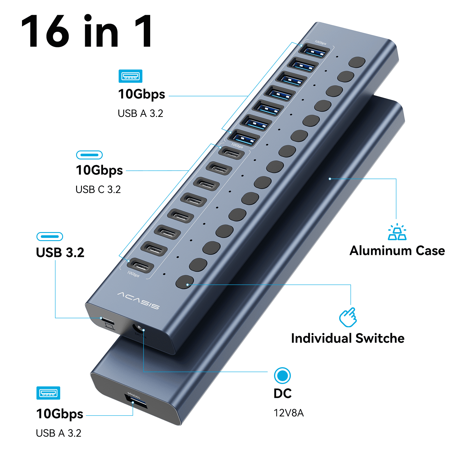 ACASIS 16 Port USB 3.2 Gen 2 Hub Powered, 10Gbps USB Hub with 8 USB-A and 8 USB-C Ports, 96W Adapter for Laptop, PC, Mac, SSD, Phone – Hot Swap, Plug & Play