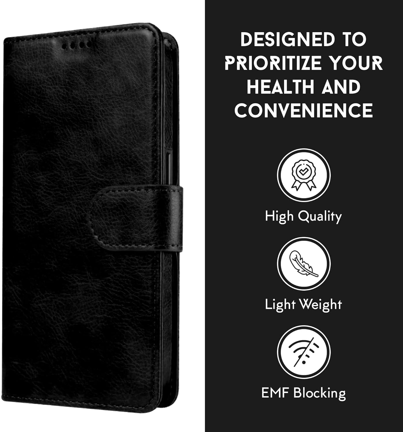 RadEnergy EMF Protection Leather Wallet Folio Case with Card Holder & Stand for iPhone 15 Pro, Black