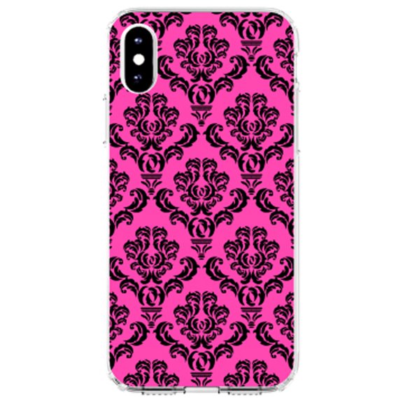DistinctInk Clear Shockproof Hybrid Case for iPhone X / XS (5.8" Screen) - TPU Bumper, Acrylic Back, Tempered Glass Screen Protector - Pink Black Damask Pattern - Floral Damask Pattern