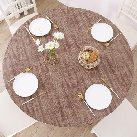 Round Vinyl Fitted Tablecloth with Flannel Backing Elastic Edge Design Table Cover Waterproof Oil-Proof Plastic Table Cloth Stain-Resistant Wipeable for 45"-52" Round