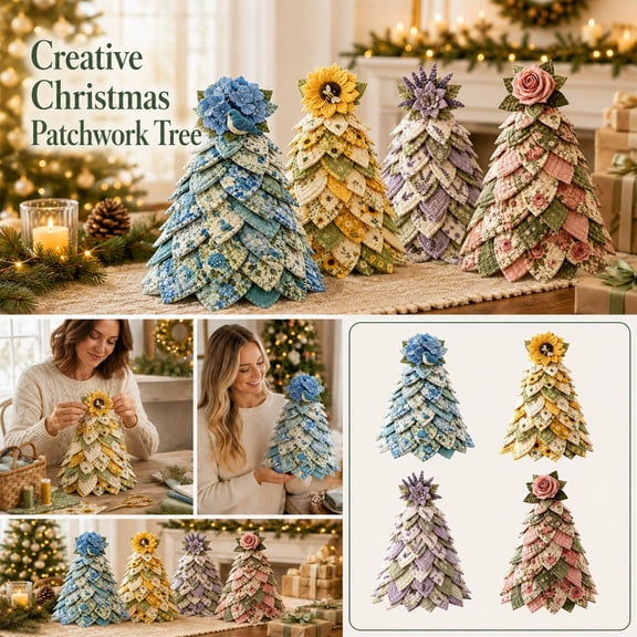 Small Fabric Christmas Tree, 12 X 6 Inch Diy Quilted Tabletop Tree for Farmhouse Holiday Decor, Handmade Seasonal Floral Fabric Decor for Home Table Display