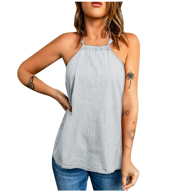 LSLJS Débardeurs à Bretelles Spaghetti pour Femmes Débardeurs d'Été Décontractés Sans Manches pour Femmes Col Rond Camisole Unie