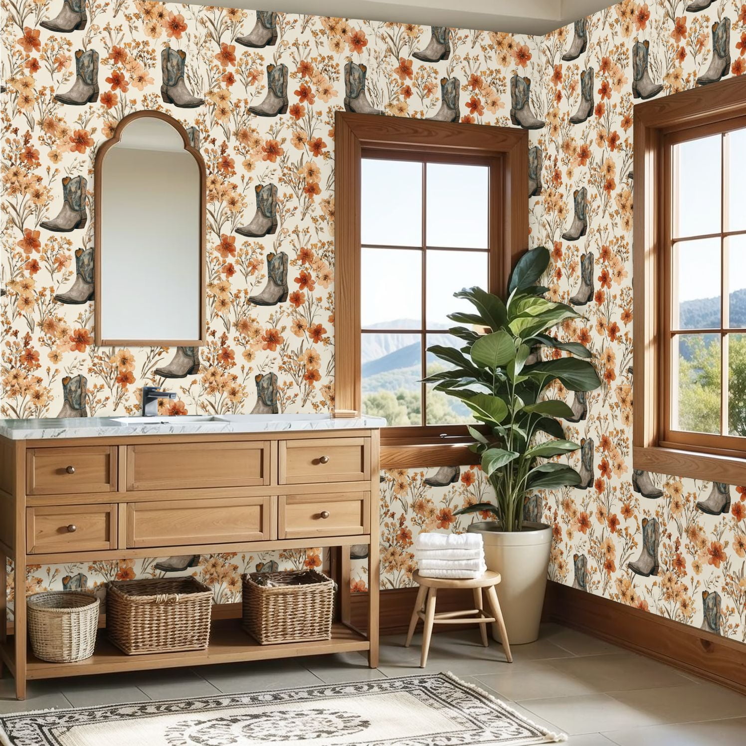 Western Peel and Stick Wallpaper Cowboy Boots Floral Bouquet Warm Earth Tones Wall Mural 23.6in x 9.8ft Self Adhesive Removable Wall Paper Renter Friendly Wallpaper for Nursery Bedroom Cabinets