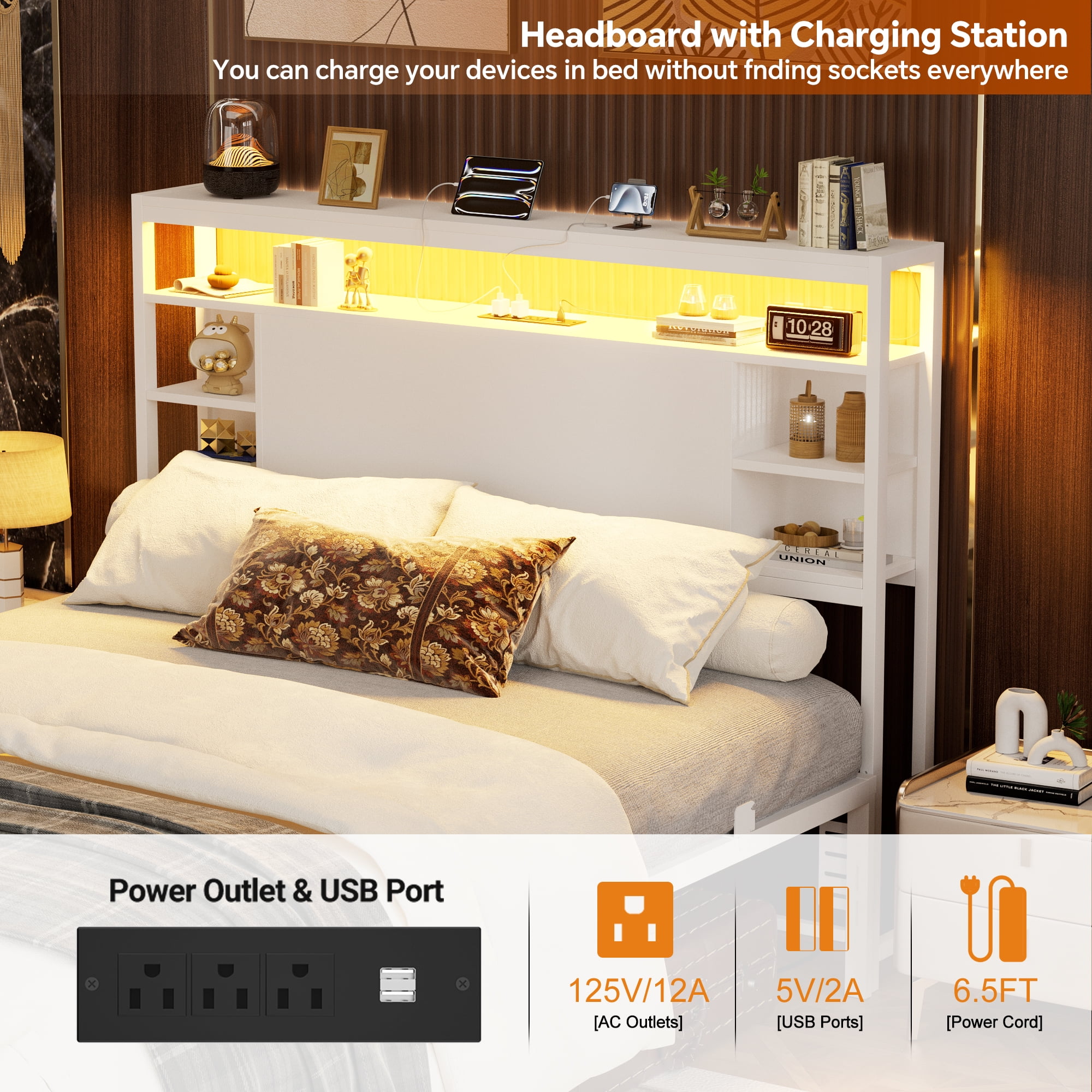 Homieasy Full Headboard with Storage, Headboards with Power Outlets and Smart LED Light, Sturdy Head Board for Full Size Bed, White