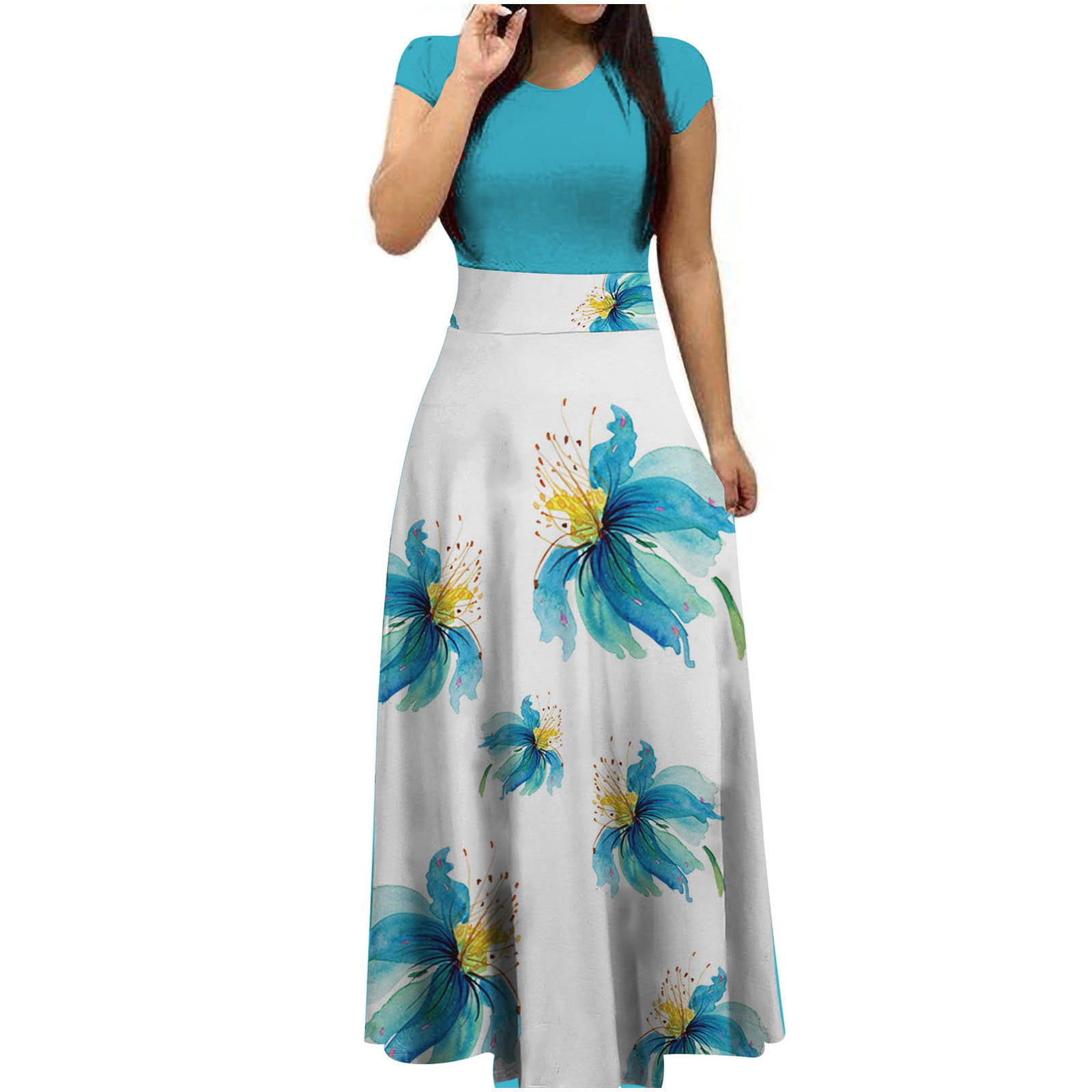 Brown, S Womens Summer Sundress Flora Print Bohemian Dresses Casual Swing Soft Elastic Short Sleeve Lace T-Shirt Dresses 