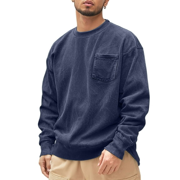 Domuza Crew Neck Sweatshirts for Men Retro Acid Wash Distressed Long Sleeve Sweatshirt Fall Winter Casual Loose Fit Workout Pullover with Pocket Dark Blue 3XL