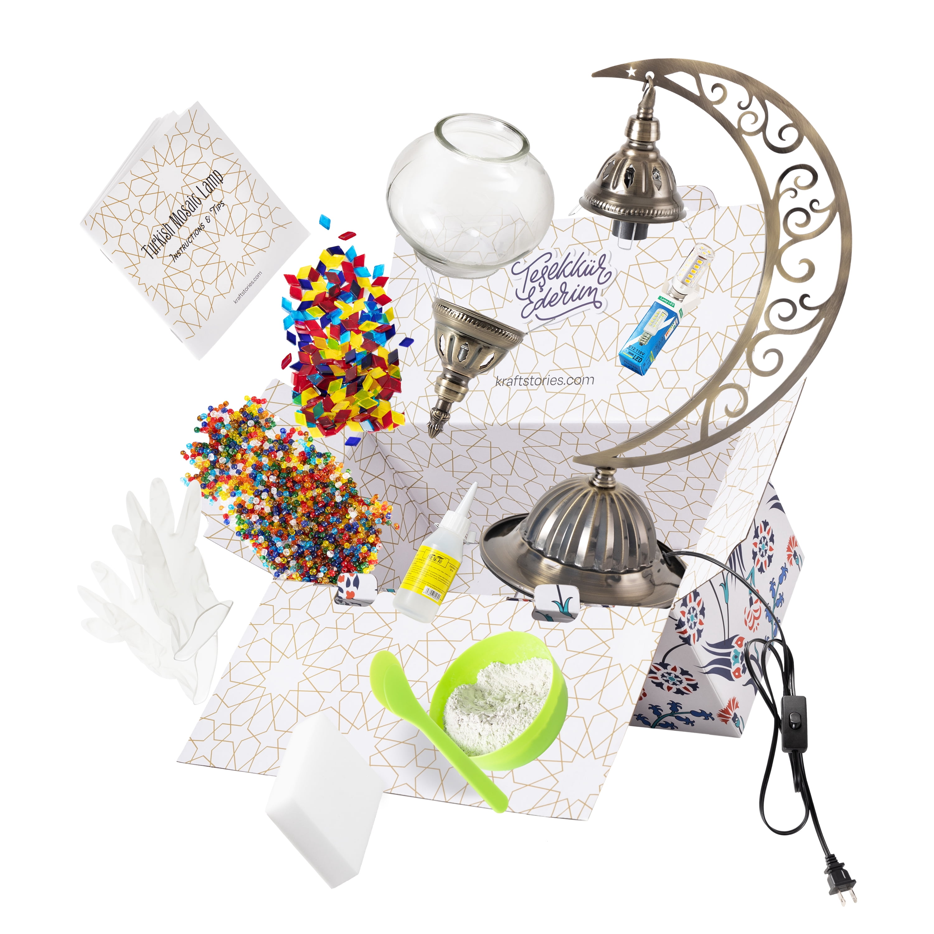 Turkish Mosaic Moon Lamp Making Kit | DIY Colorful Glass Decorative Table Desk Light | Craft Kit For Adults | Make Your Own Lamp | Living Room Bedroom | Mosaic Pieces, Beads, US-Plug (Multicolor)