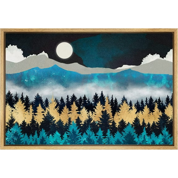 PixonSign Framed Canvas Print Wall Art Woodland Nursery Decor Teal Granite Mountain Range Forest Nature Wilderness Modern Art Rustic Zen Landscape - 16"x24" Natural