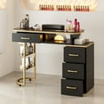 thumbnail image 2 of Paddie Manicure Table for Nail Tech, Glass Top Nail Desk Station w/4 Drawers & 2-Tier Storage Shelves, Salon Beauty Workstation Acetone Resistant w/Wrist Cushion, Golden Handles (Black), 2 of 7