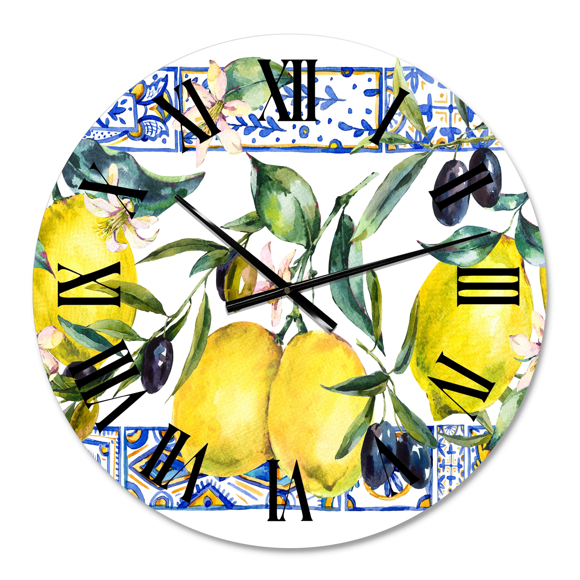 Designart 'Lemon Ornament On Blue Geometrical Pattern Ii' Tropical Wall Clock