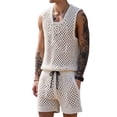 thumbnail image 2 of Men Crochet 2 Piece Outfits Mesh Sheer Tank and Shorts Summer Fishnet Shorts Set for Beach Casual Milky White M, 2 of 7