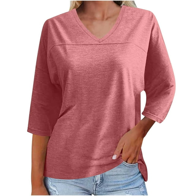 Plebaso Chemises Décontractées pour Femmes Manches 3/4 Col Rond Tunique Ample Blouses d'Été Unies Tee pour Femmes