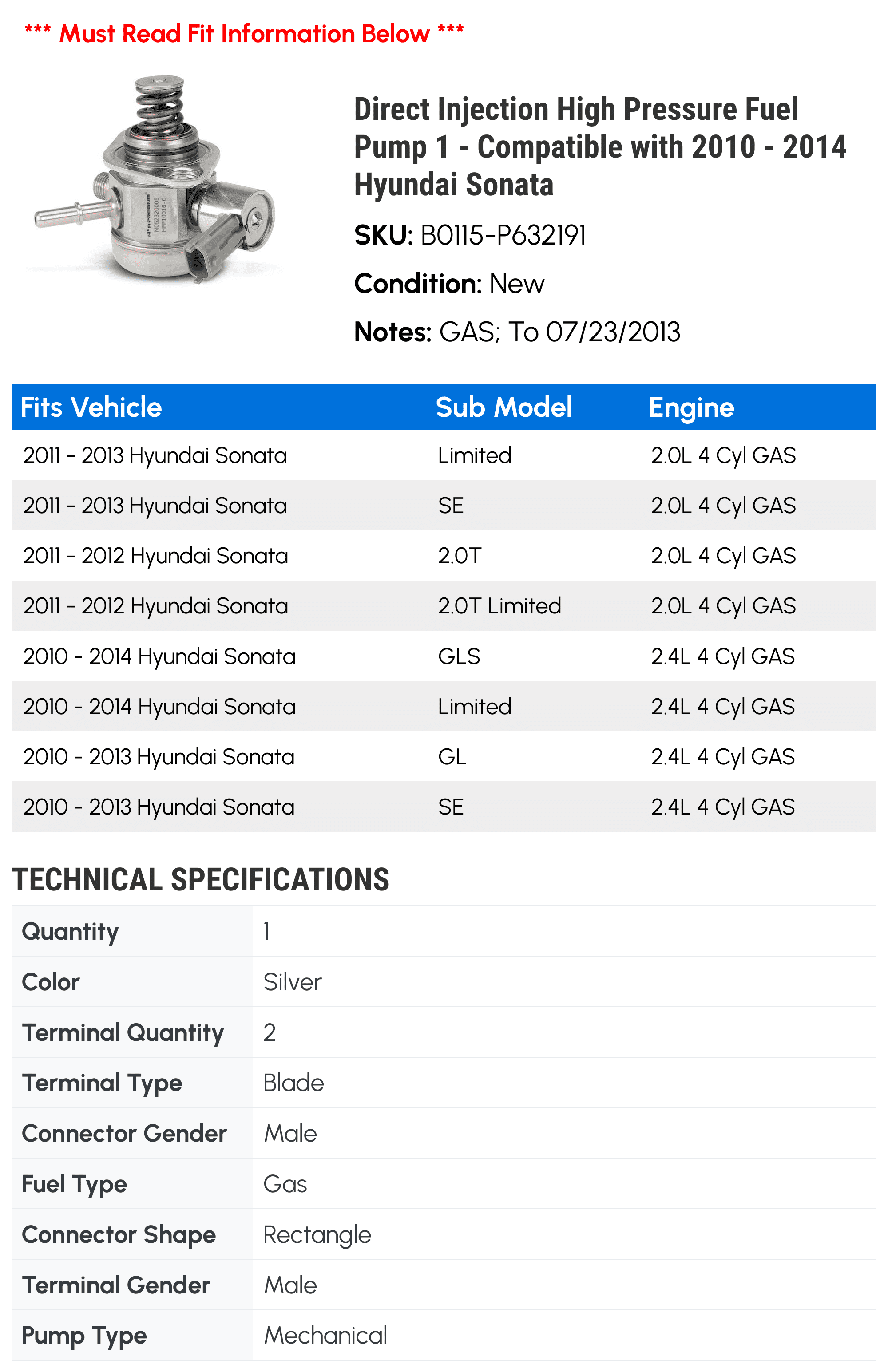 Direct Injection High Pressure Fuel Pump 1 - Compatible with 2010 - 2014 Hyundai Sonata - Autopart Premium