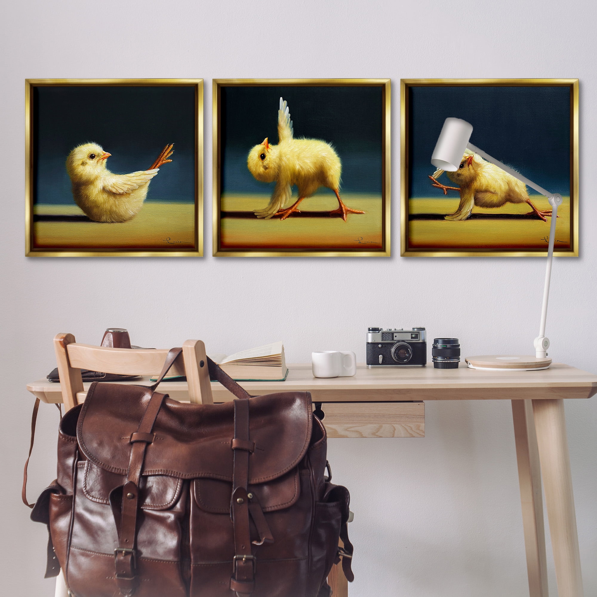 Stupell Industries Yoga Chick Trio Funny Farm Animals Animals & Insects Painting Gold Floater Framed Canvas Art Print Wall Art, 25 x 25, Set of 3