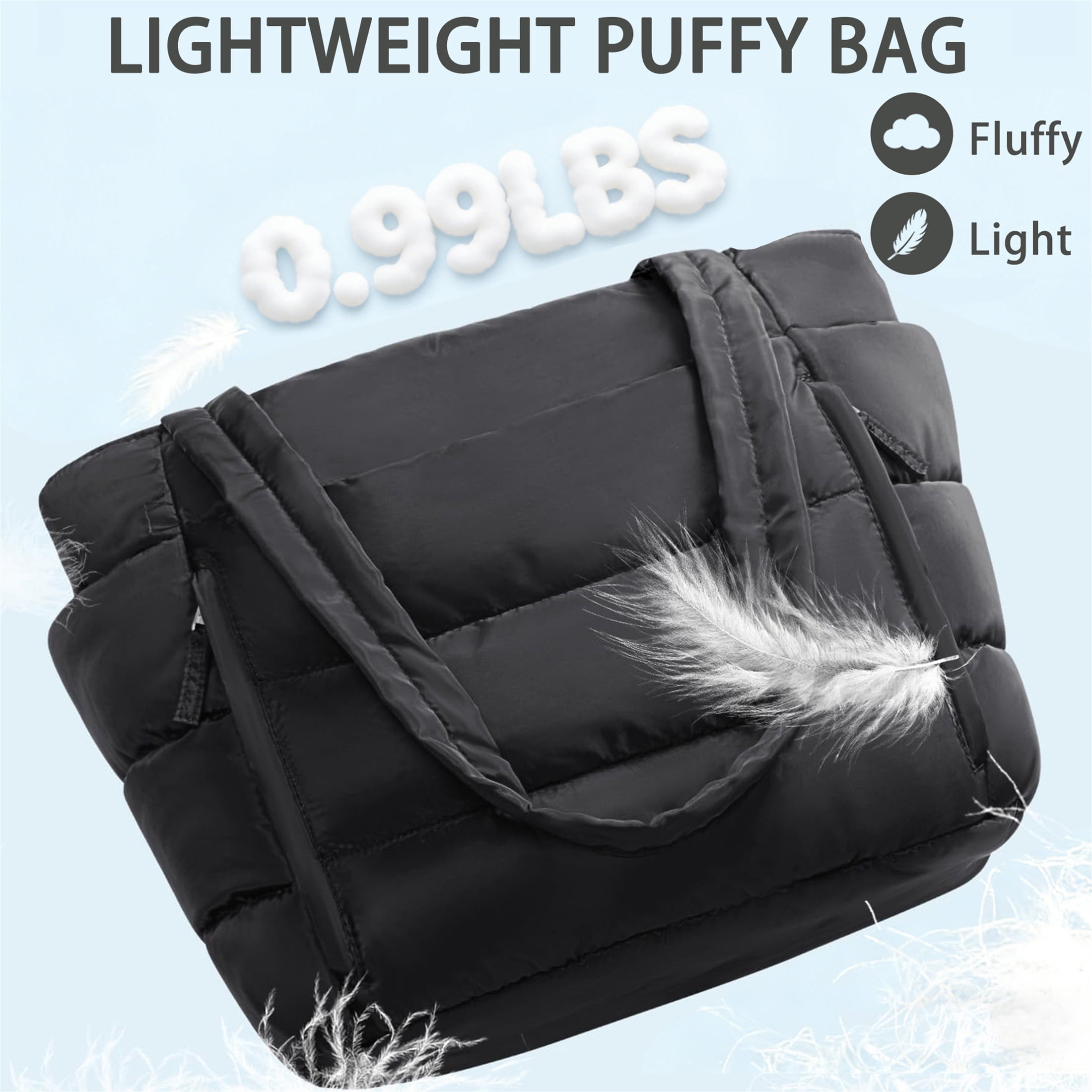 Puffer Tote Bag for Women, Large Capacity Lightweight Quilted Shoulder Bag, Waterproof Handbag for Work, Travel, Gym, Black
