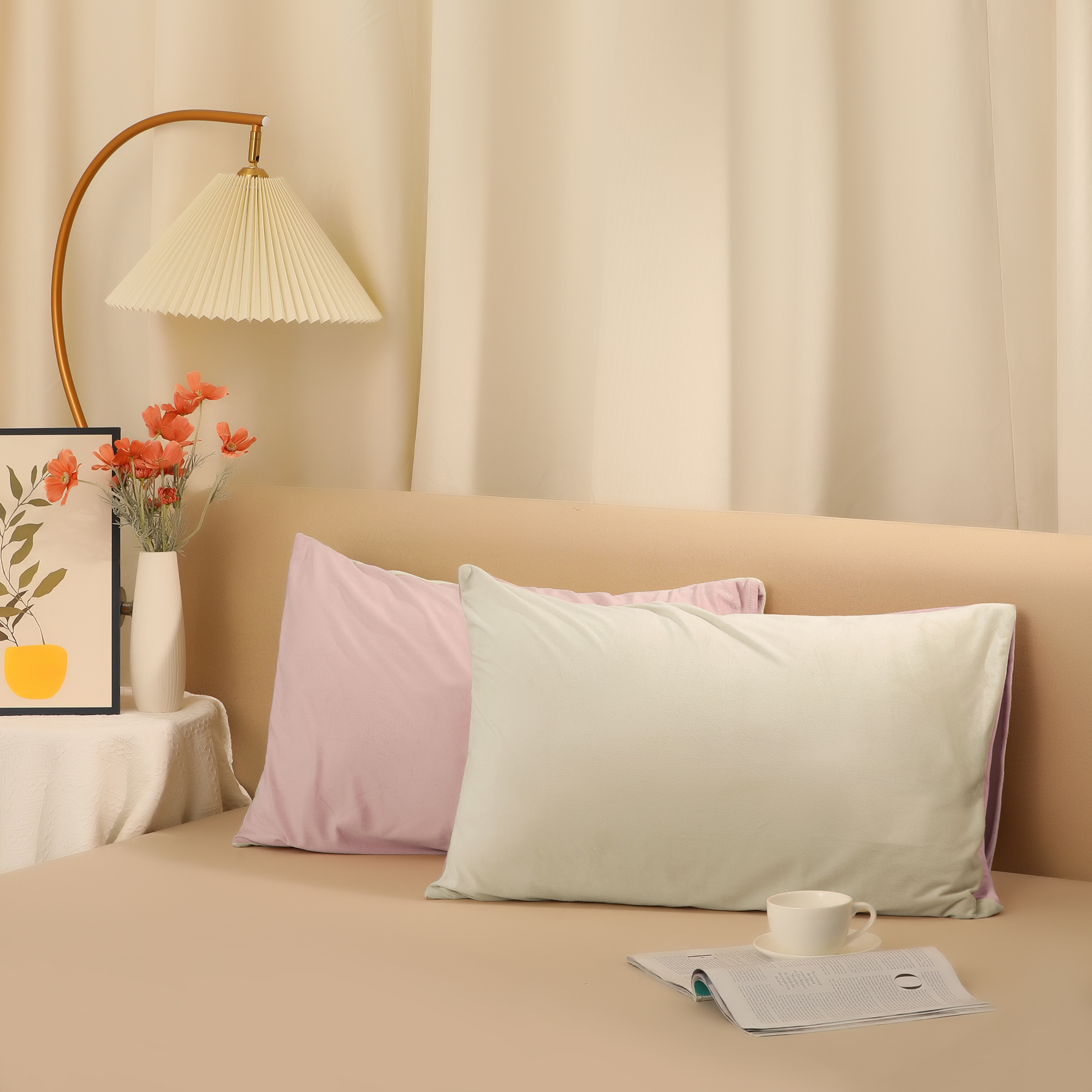 Unique Bargains Envelope Closure Durable Velvet Pillowcases (2 Count) Beige Pink Queen
