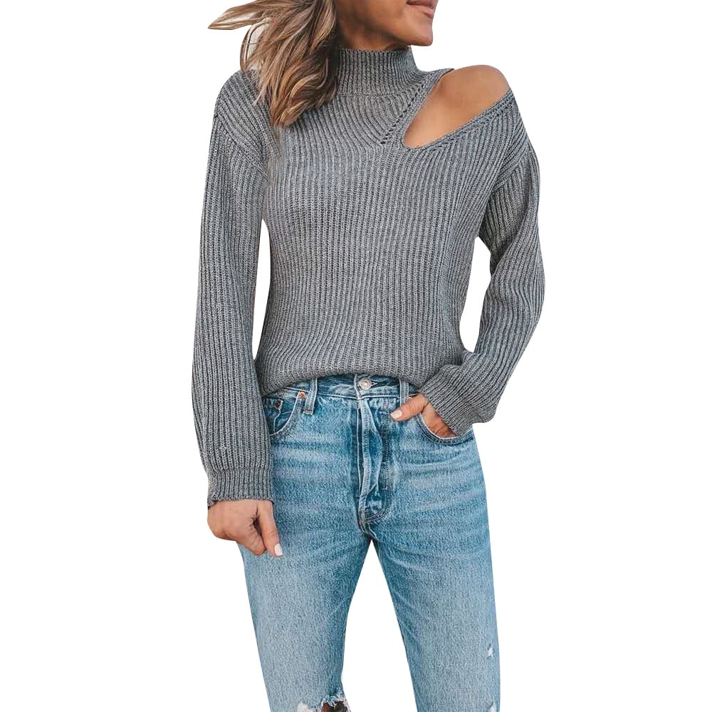 Ladies Long Sleeve Off Shoulder Knit Tops New Womens Turtleneck Sweater Pullover 