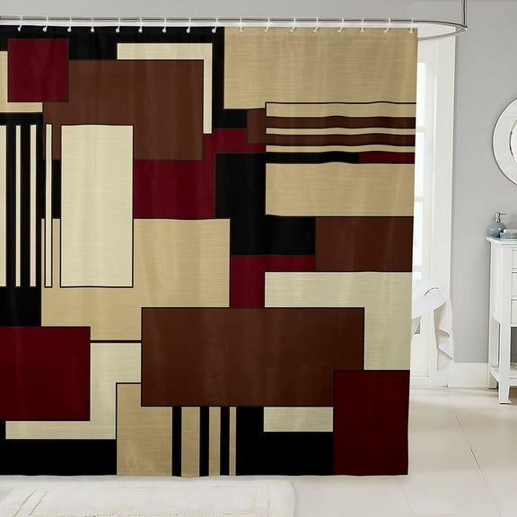 Brown Red Black Geometric Shower Curtain 72"x72" Geometry Bathroom Shower Curtain Set for Boys Girls Teens Modern Abstract Bath Curtain Waterproof Square Rectangle Kids Bathroom Accessories