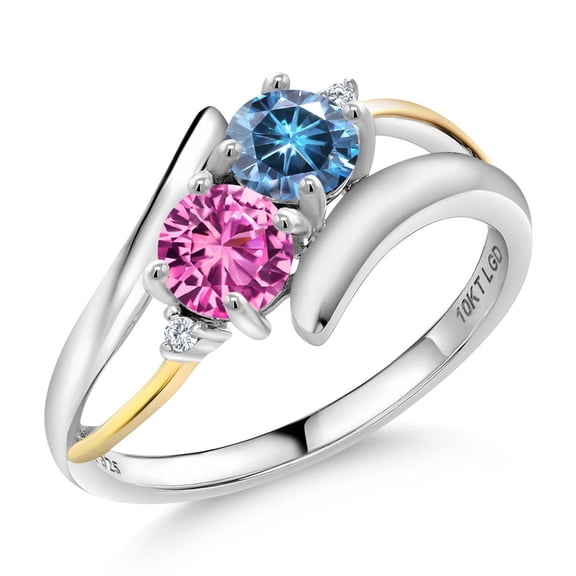 Gem Stone King 925 Silver and 10K Yellow Gold Ring Round Persian Blue Moissanite and Created Sapphire Pink (1.07 Cttw, Size 7)