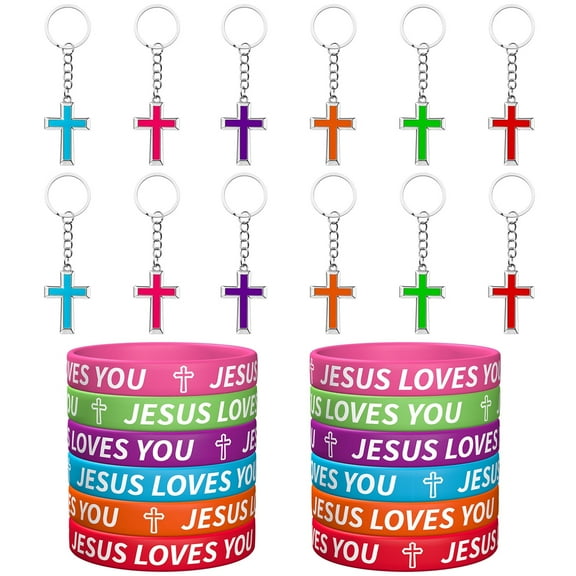 Haooryx Easter Cross Plastic Key Chain 12Pcs with Colorful Religious Bracelets Belief Wristband