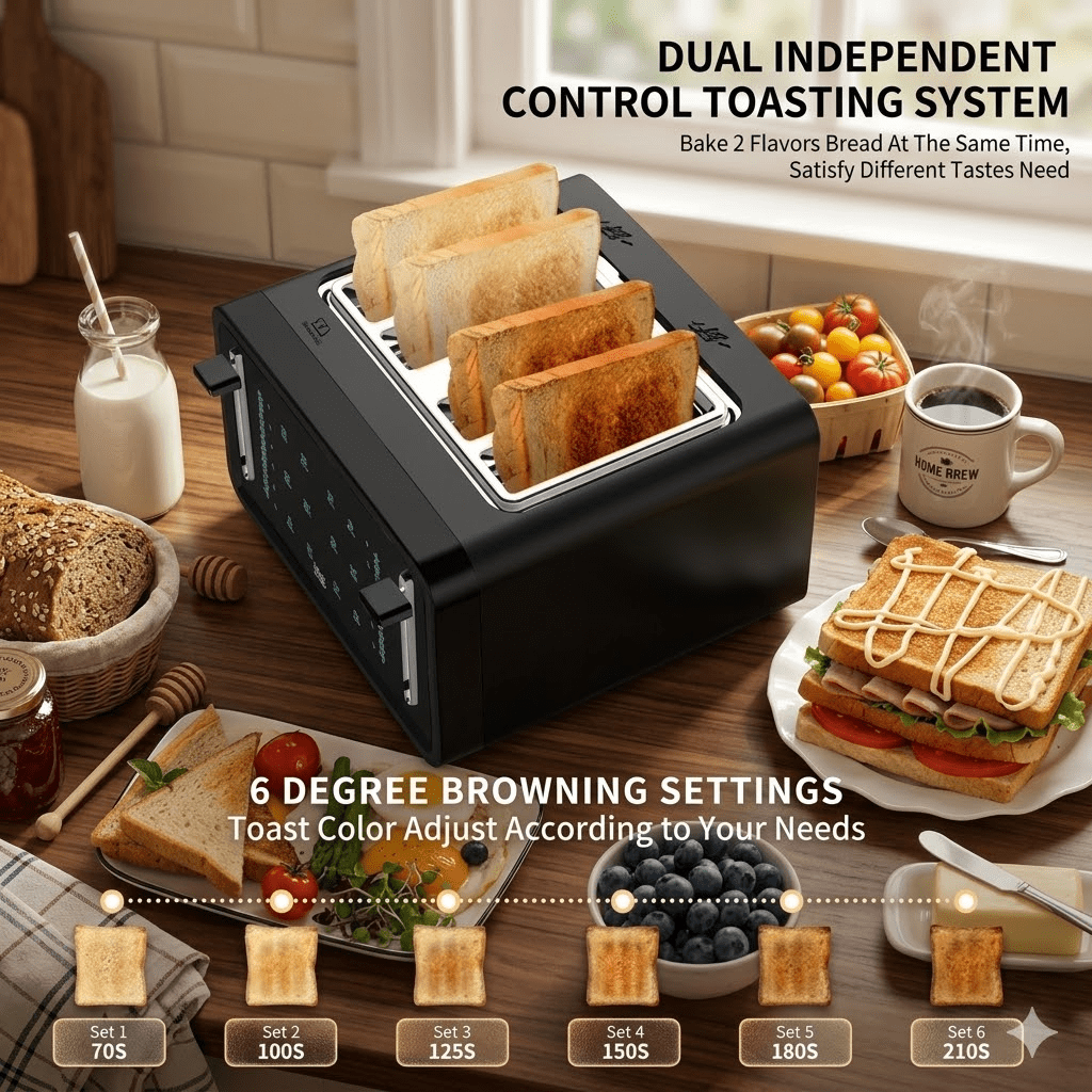 Gevi 4-Slice Stainless Steel Toaster with LED Touch Screen, Dual Control Panels & 6 Browning Settings, Black