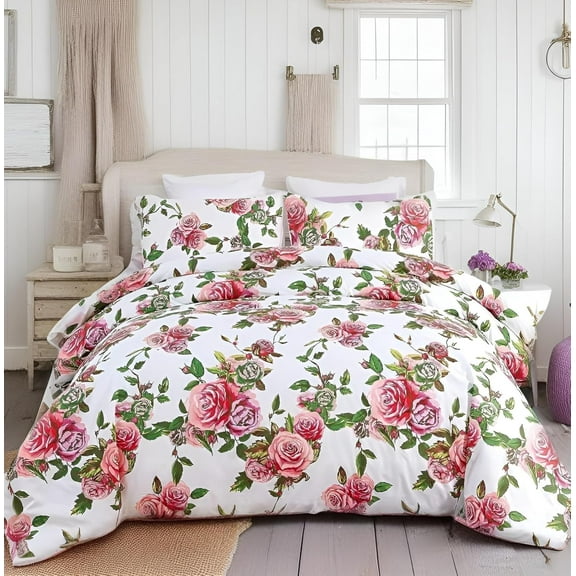 DaDa Bedding Romantic Roses Floral Duvet Cover Set - Lovely Spring Garden Pink w/Pillow Cases - Bright Vibrant Colorful Blooming Flowers - Very Soft Comforter Cover w/Corner Ties - Twin - 2-Pieces
