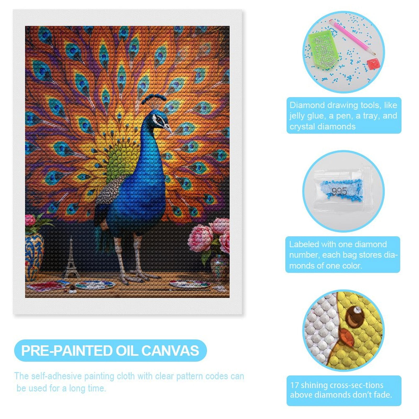 Diamond Art Kits for Adults, Peacock Vibrant Feathers Artistic Display 5D Diamond Painting Kits for Adults Beginners, DIY Full Drill Diamond Painting, Gem Art and Crafts 12x16