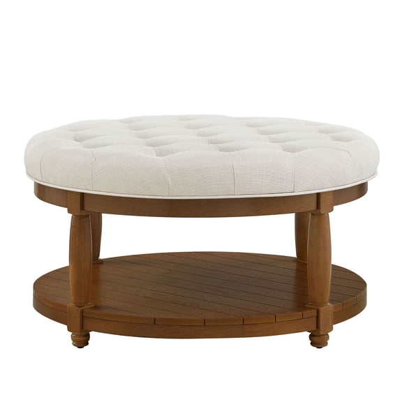 S-HOME Large Round Upholstered Tufted Linen Ottoman Coffee Table, Large Footrest Ottoman with Wood Shelf Storage, Ivory