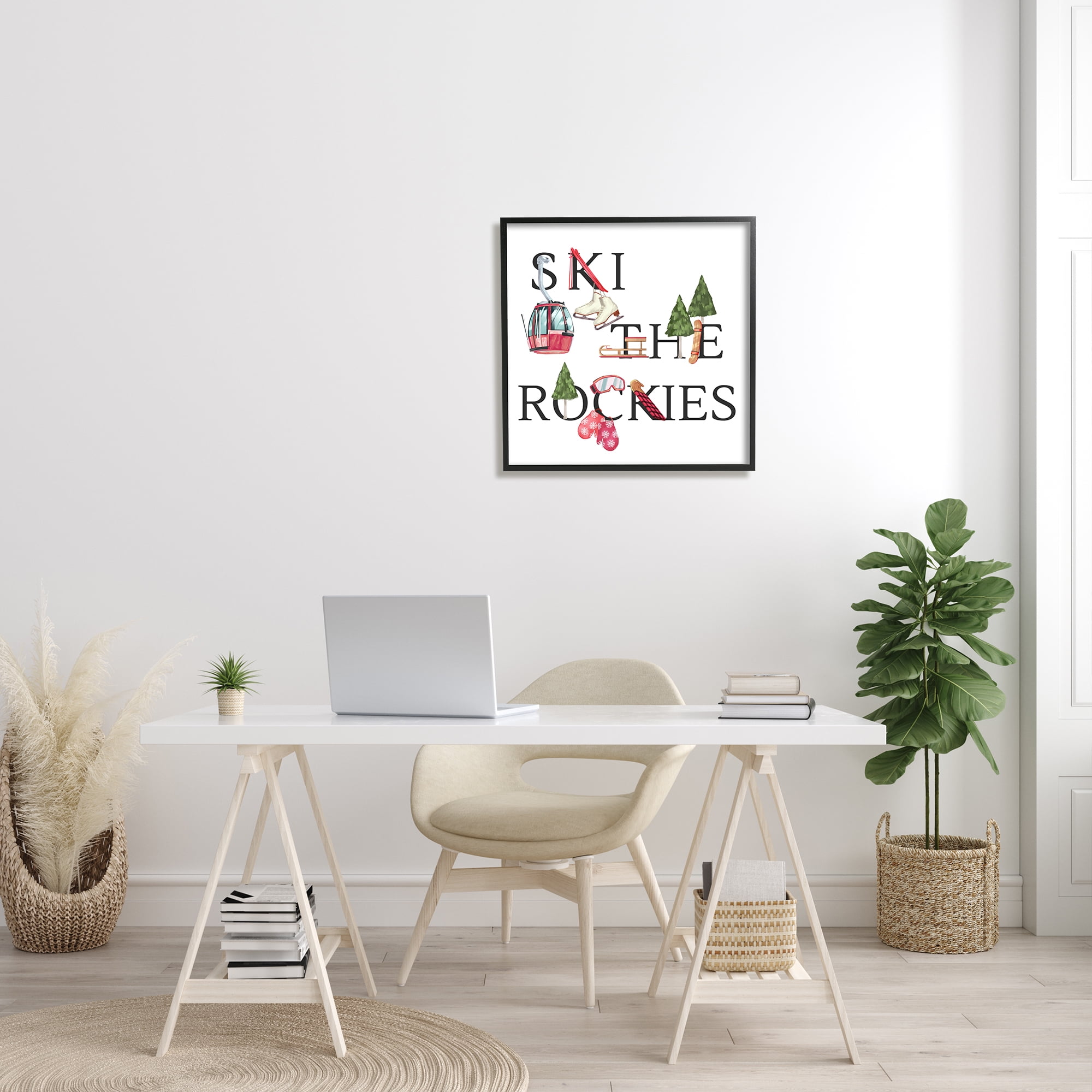 Stupell Industries Ski The Rockies Winter Seasonal Sports Phrase Sports Painting Black Framed Art Print Wall Art, 24 x 24