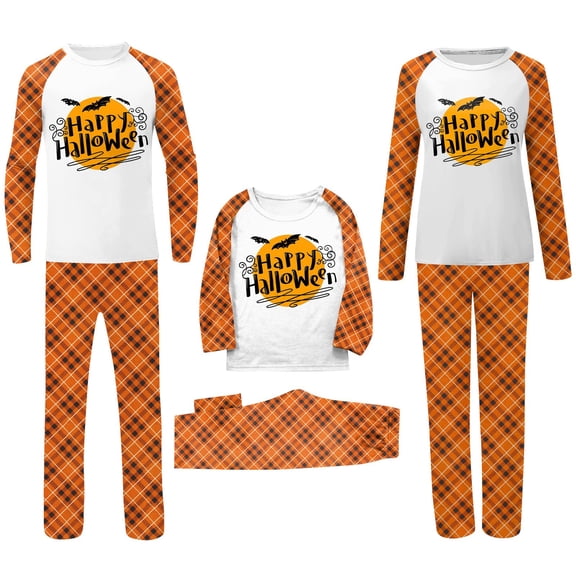 Onlypjs Matching Family Halloween Pajamas White Raglan Plaid Sleepwear Pjs Sets Happy Halloween Moon Cute Ghost Loungewear for Adults Women Men