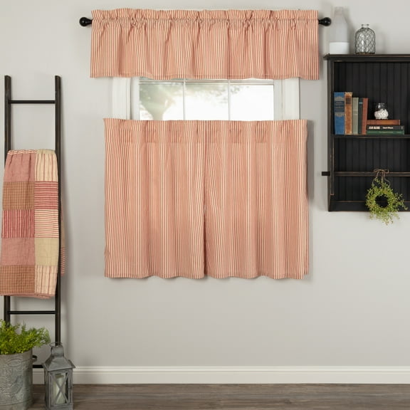 VHC Brands Sawyer Mill Red 3 PC Ticking Stripe Curtain Set (1 Valance 16x72 and 2 Tier 36x36)