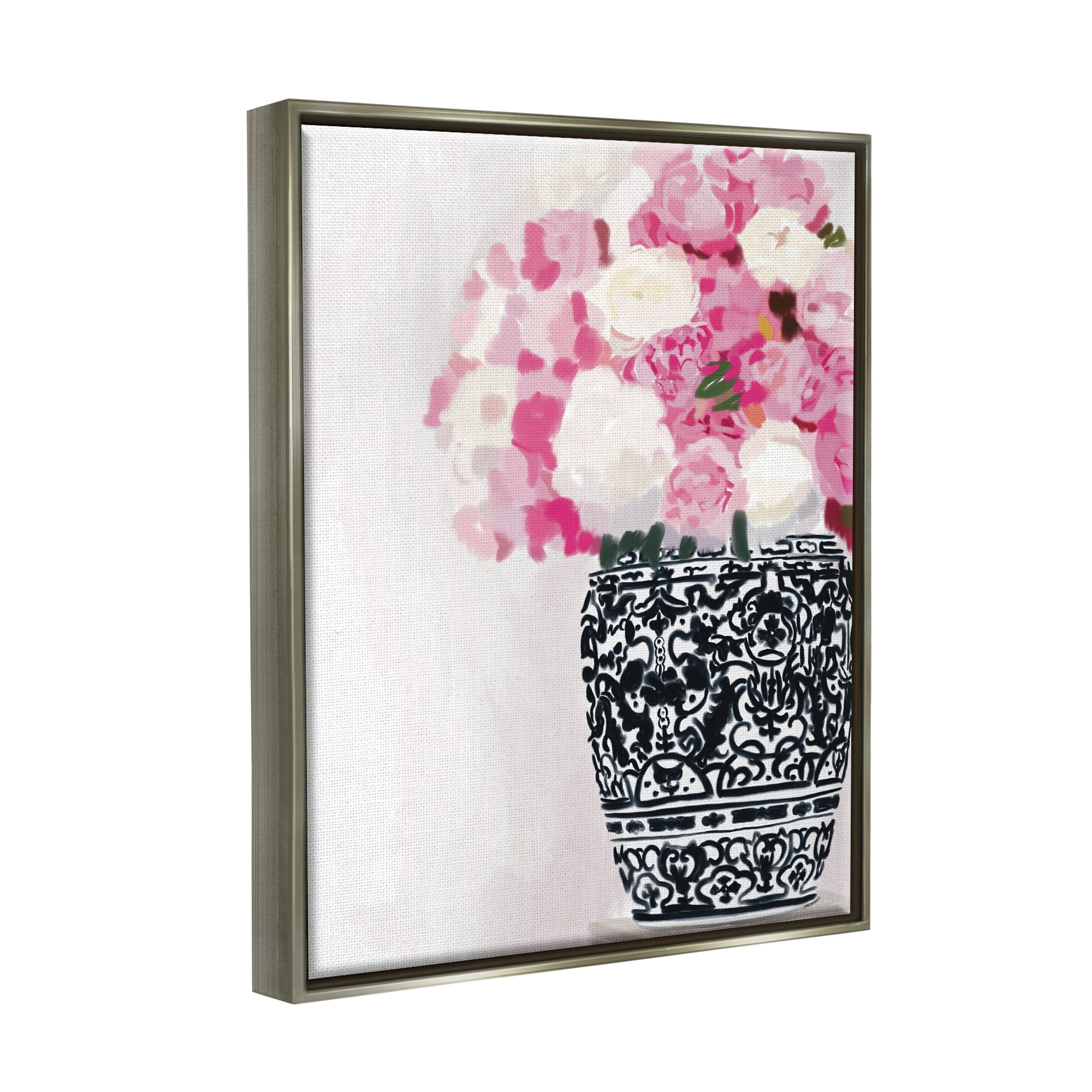 Stupell Industries Soft Pink Carnation Blooms Ornate Pattern Pottery Vase Graphic Art Luster Gray Floating Framed Canvas Print Wall Art, Design by Amelia Noyes