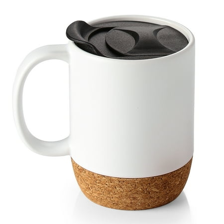

DOWAN Coffee Mugs 15 oz Ceramic Coffee Mug with Insulated Cork Bottom and Splash Proof Lid Mother s Day for Gift White