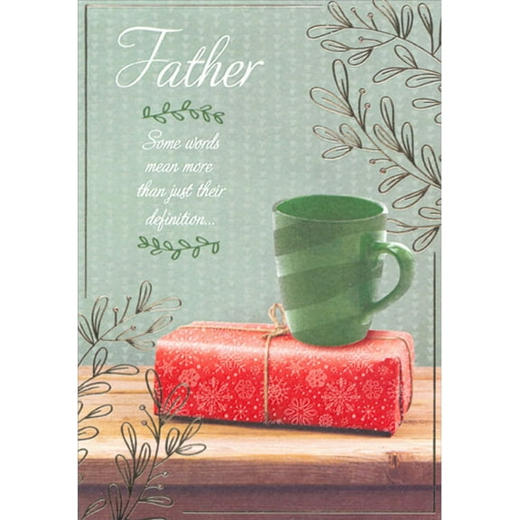 Designer Greetings Green Mug, Red Present and Silver Foil Branches Father Christmas Card