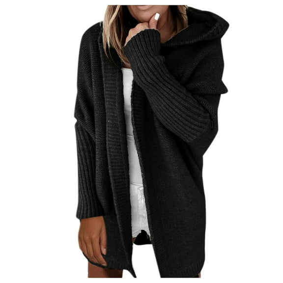 Glisme Cardigan Sweaters For Women Solid Color Hooded Patchwork Batwing Sleeve Open Sweater Cardigan Coat Casual Loose Fall Winter Clothes Black