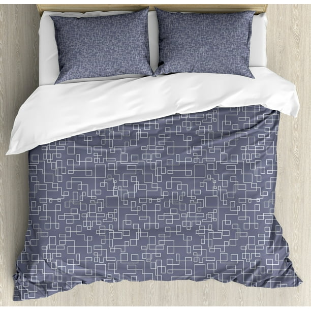 Geometric Queen Size Duvet Cover Set, Connected Lines with Rectangle