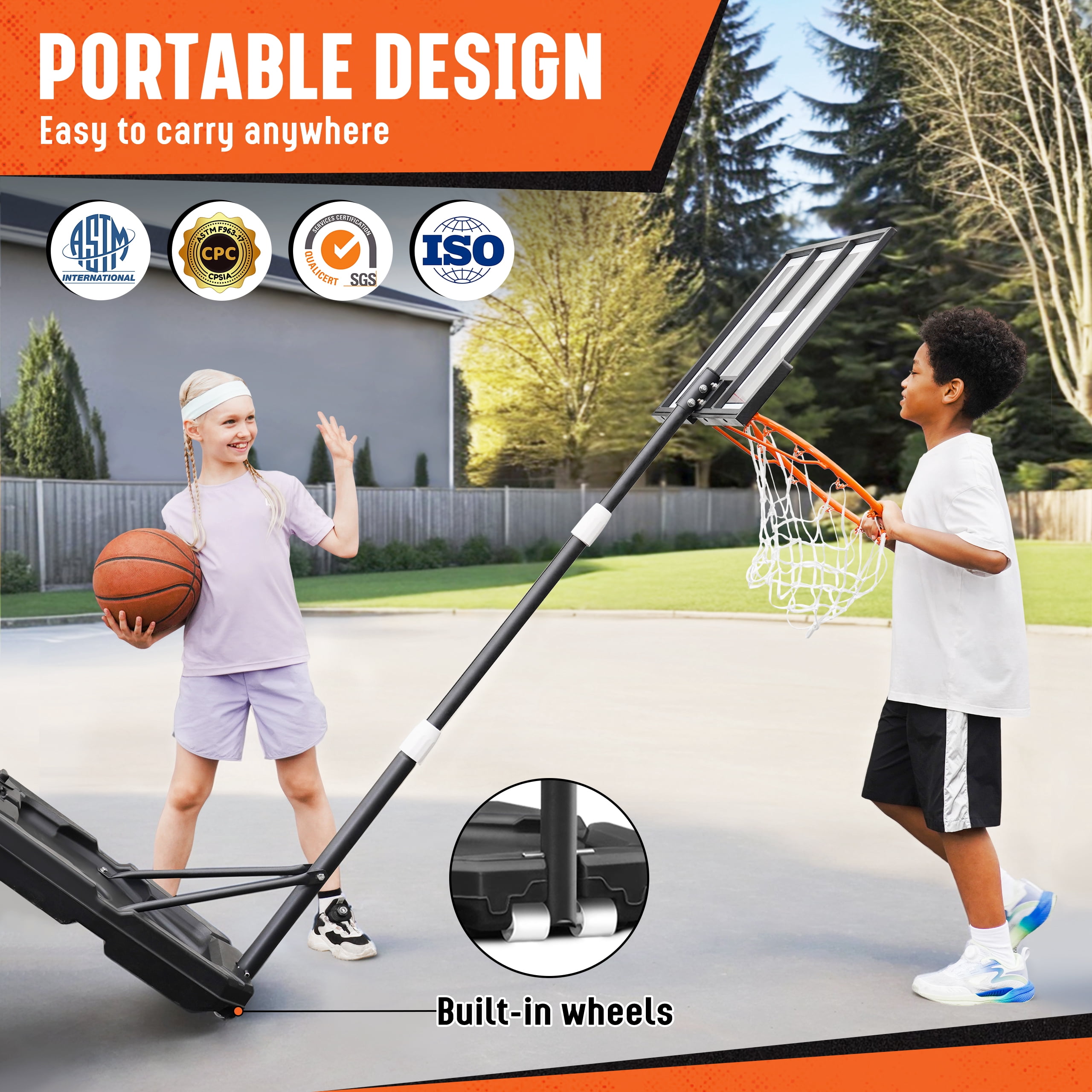 SERAY Adjustable Basketball Hoop for Kids, Teens & Adults, 3.2-7.2 feet Height, Portable Basketball Goal with 29 inch Backboard & 2 Wheels for Indoor & Outdoor Use