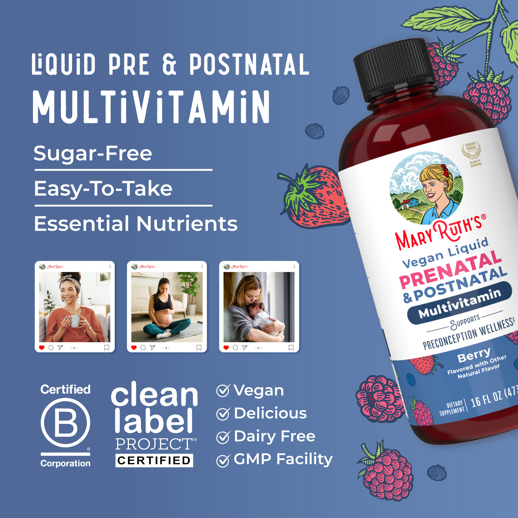 MaryRuth's Vegan Liquid Prenatal Postnatal Multivitamin, Berry Flavor, Gluten-Free, Sugar-Free, 1-Count 16 fl. oz.