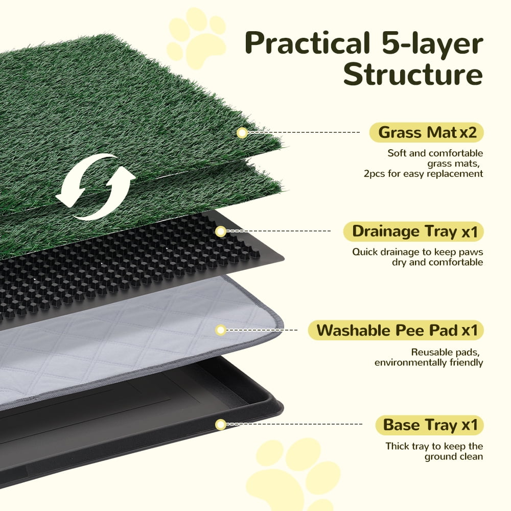 DOMIPET 5-Layer Dog Grass Pad with Tray, 31"x21", 2 Reusable Artificial Turf for Dogs Potty, Quickly Absorbency Portable Dog Litter Box Bathroom Turf, Waterproof Non-Slip Washable Puppy Pee