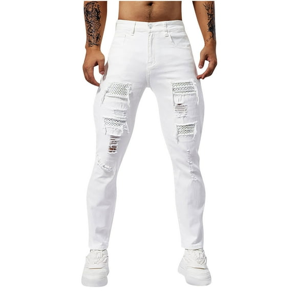 Lovzfmll Men's Bedazzled Ripped Skinny Jeans, Solid Color, Stretch Denim with Rhinestone and Patch Details White, 31