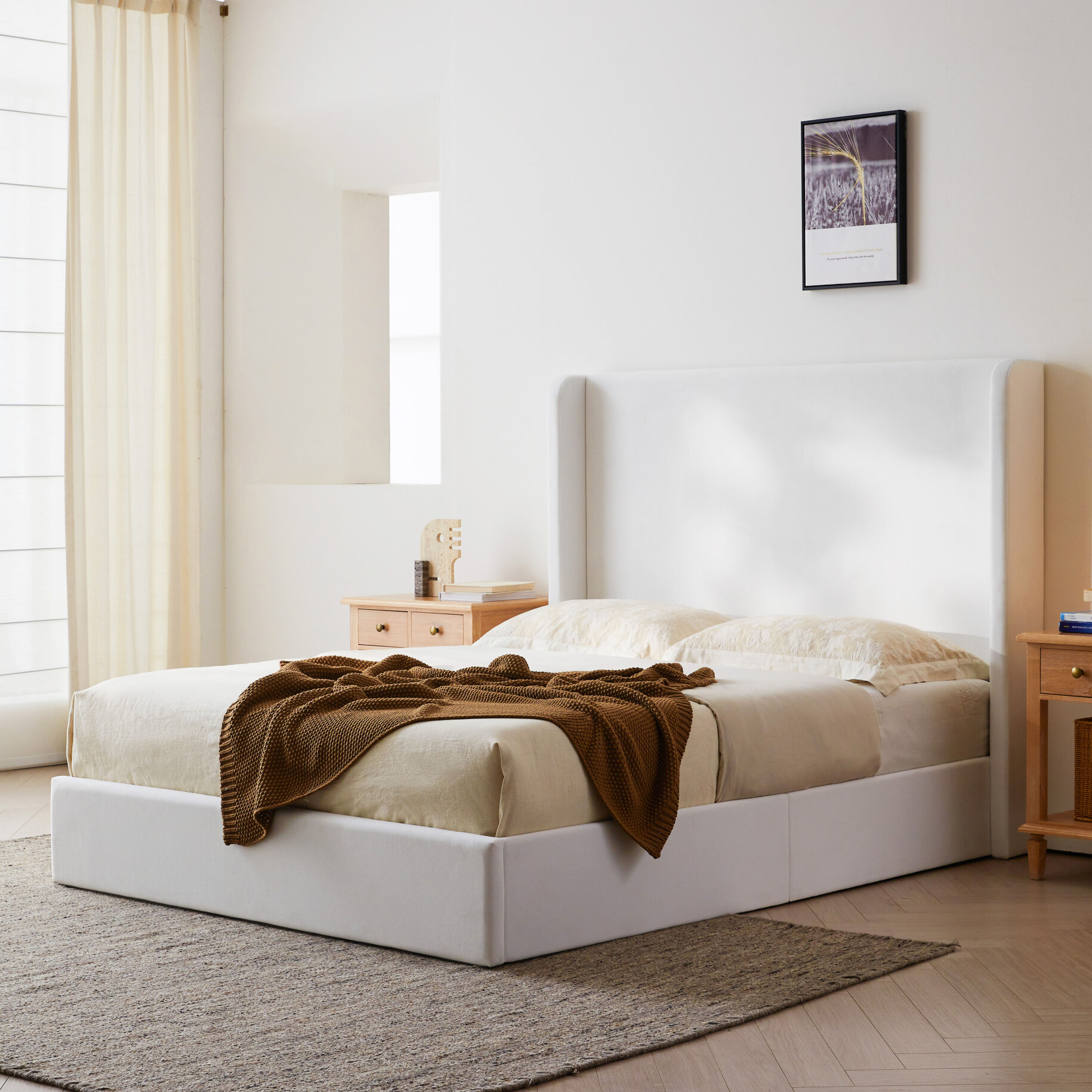 Carmen Upholstered Wingback Bed Frame King Size with 52.3 Inch High Headboard Minimalist Design No Box Spring Needed Easy Assembly Coconut Micro Suede